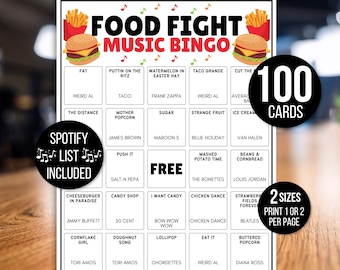 Bingo muzyczne, Bingo muzyczne o jedzeniu, Bingo z piosenkami o jedzeniu, Bingo muzyczne o walce o jedzenie, Bingo retro z lat 50., Bingo z lat 60., Bingo z lat 80., Bingo z lat 90., Playlista muzyczna