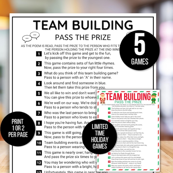 Office Games, Team Building Games, Team Building Pass the Prize Game, Coworker Games, Happy Hour Office Party, Printable Team Building Game