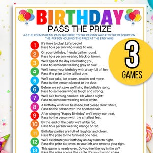 Puede incluir: Una tarjeta de juego imprimible colorida con el título "Cumpleaños Pasa el premio". La tarjeta presenta un poema con 13 pasos numerados para jugar al juego. El poema incluye instrucciones para pasar el premio a la persona que se ajusta a la descripción de cada paso. La tarjeta también incluye un círculo amarillo con el número "3" y la palabra "Juegos" dentro.