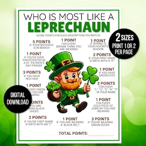 以下が含まれることがあります： 妖精に最も似ているのは誰かを決めるための印刷可能なゲーム。ゲームには、漫画の妖精と、各回答にポイントが割り当てられた質問のリストが掲載されています。質問には、「あなたの誕生日は3月ですか」、「あなたは赤い髪をしていますか」、「あなたは緑色の服を着ていますか」、「あなたの名前は「L」で始まりますか」、「あなたは黒いベルトをしていますか」などがあります。