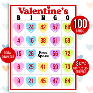 Valentinstag Bingo, 100 Valentinstag Bingokarten, Valentinstag Aktivität, Valentinstag Partyspiel für Kinder, Valentinstag Klassenzimmer Aktivität