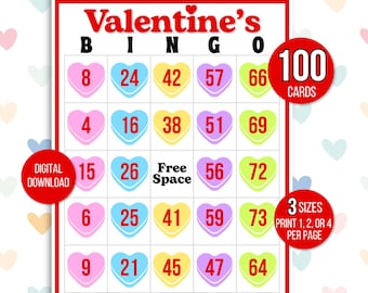 Valentinstag Bingo, 100 Valentinstag Bingokarten, Valentinstag Aktivität, Valentinstag Partyspiel für Kinder, Valentinstag Klassenzimmer Aktivität