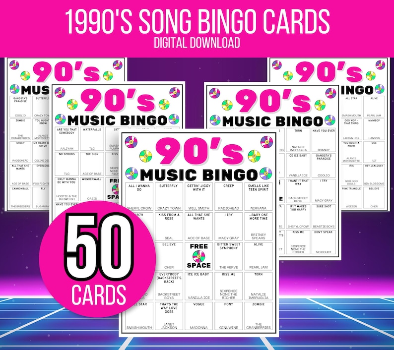 90s Bingo, 90s Song Bingo, 90s Music Bingo, 90s Retro Bingo, 50 Printable 1990s Bingo Cards, 90s Game, 90s Activity, 90s Spotify List Bingo