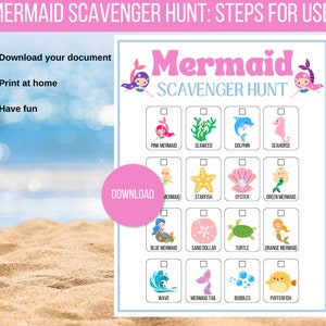 May include: A printable mermaid scavenger hunt game with a pink background and a list of items to find, including a pink mermaid, seaweed, a dolphin, a seahorse, a starfish, an oyster, a green mermaid, a blue mermaid, a sand dollar, a turtle, an orange mermaid, a wave, a mermaid tail, bubbles, and a pufferfish.