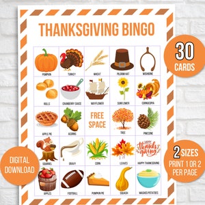 Thanksgiving Bingo, 30 Thanksgiving Bingo Cards, Thanksgiving Activity, Kids Thanksgiving Party Game, Thanksgiving Classroom Activity, 2