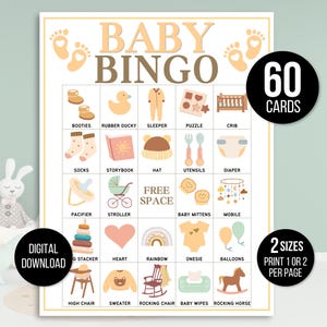 Baby Bingo, 60 Baby Bingo Cards, Baby Shower Bingo, Baby Shower Game, Baby Shower Activity, Printable Baby Bingo, Neutral Baby Bingo