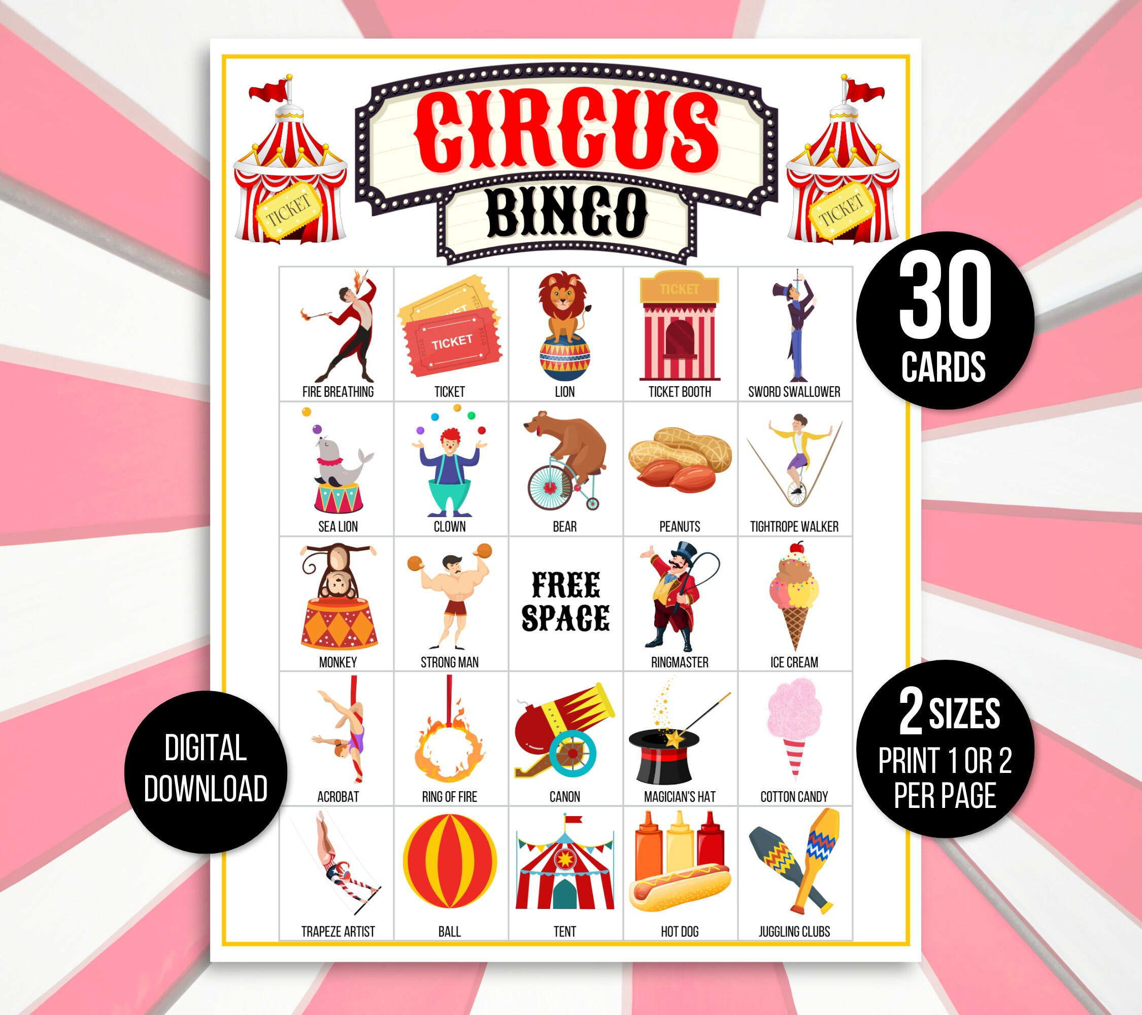 Circus Bingo, 30 Printable Circus Bingo Cards, Circus Party Game, Circus Activity, Circus Birthday Bingo,  Circus Game, Carnival Bingo