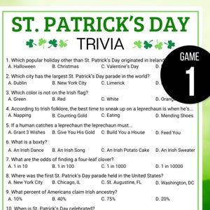 St. Patrick's Day Trivia Game, St. Patrick's Day Game, St. Patrick's Trivia Game, St. Patrick's Day Party Game, St Patrick's Fact or Fiction