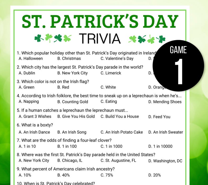 St. Patrick's Day Trivia Game, St. Patrick's Day Game, St. Patrick's Trivia Game, St. Patrick's Day Party Game, St Patrick's Fact or Fiction