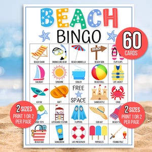 Strandbingo, 60 afdrukbare strandbingokaarten, zomerbingo, pret in de zon bingo, strandspel, strandactiviteit, afdrukbaar bingospel voor kinderen