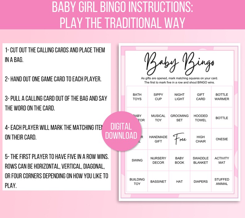 100 Baby Girl Bingo Cards, Baby Girl Bingo Game Cards, Baby Gift Bingo ...