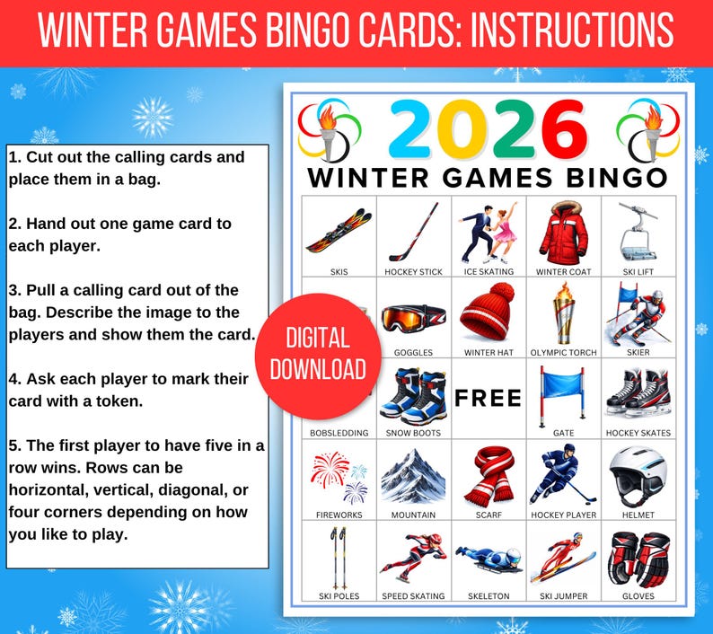 Winter Games Bingo, 50 Winter Games Bingo Cards, Winter Games, Winter Games Activity, Kid's Printable Bingo, Kids Winter Games, Sports Bingo