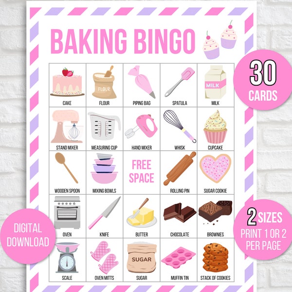 Baking Bingo, 30 Printable Baking Bingo Cards, Baking Birthday, Baking Party Game, Baking Birthday Party, Baking Printable, Girl Bingo