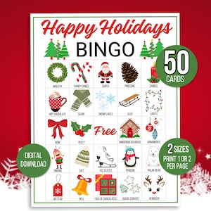 Bingo navideño, 50 cartas de bingo navideño, actividad navideña, juego de fiesta navideña para niños, actividad en el aula navideña, bingo navideño, juego navideño