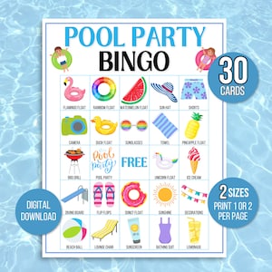 Zwembadfeestbingo, 30 unieke afdrukbare zwembadbingokaarten, zwembadfeestspel, zomeractiviteit, afdrukbaar bingospel, zomerbingospel voor kinderen