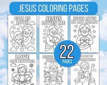May include: A collection of 22 Jesus coloring pages. Each page features line art illustrations with religious themes, including Jesus with children, hearts, and sheep. The text includes phrases like "God is Love" and "Jesus Loves Me."