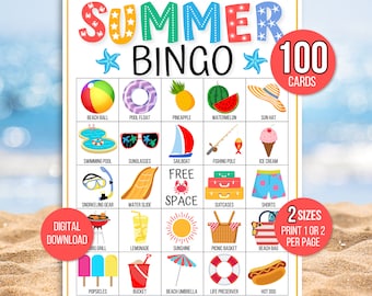 Summer Bingo, 100 Summer Bingo Cards, Summer Game, Summer Activity, Kid's Printable Bingo, Summer Bingo Game for Kids, Summer Vacation Bingo