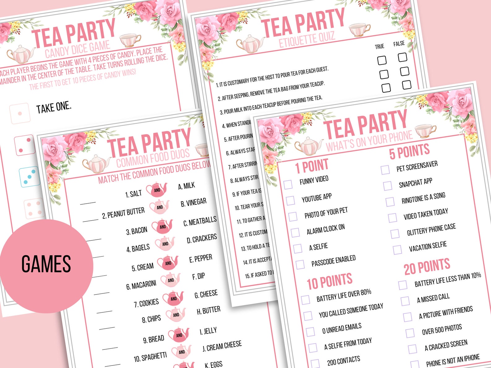 Tea Party Games Printable Bundle Tea Party Activities Ladies - Etsy