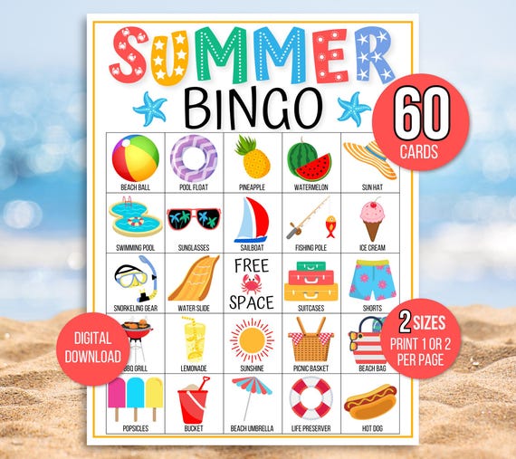 Summer Bingo, 60 Summer Bingo Cards, Summer Game, Summer Activity, Kid's Printable Bingo, Summer Bingo Game for Kids, Summer Vacation Bingo