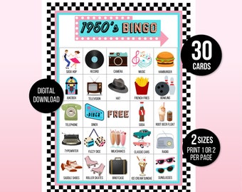 50s Bingo, 1950s Bingo, 30 Printable 1950s Bingo Cards, 50s Game, 50s Activity, 1950s Party Games for Kids and Adults, 50s Party Game