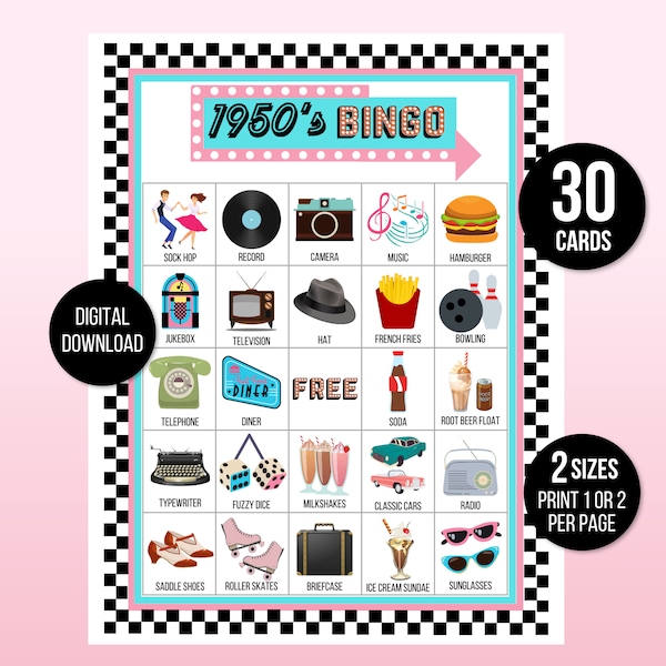 50s Bingo, 1950s Bingo, 30 Printable 1950s Bingo Cards, 50s Game, 50s Activity, 1950s Party Games for Kids and Adults, 50s Party Game