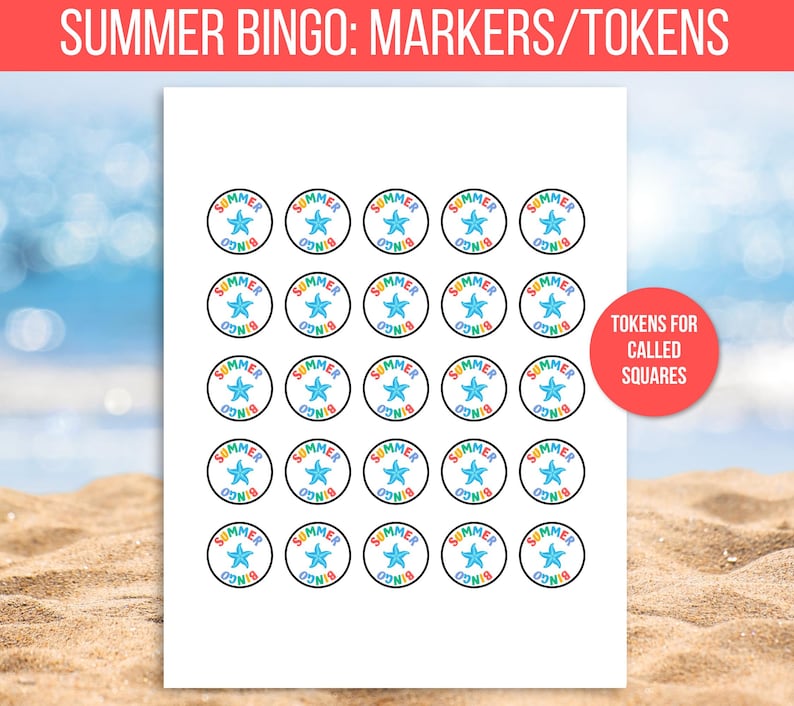K&ouml;nnte beinhalten: Vierundzwanzig bunte runde Bingomarker mit einem Seestern-Design und dem Text "Summer Bingo" in einer Regenbogen-Schriftart. Der Text "Tokens for Called Squares" befindet sich in der oberen rechten Ecke.