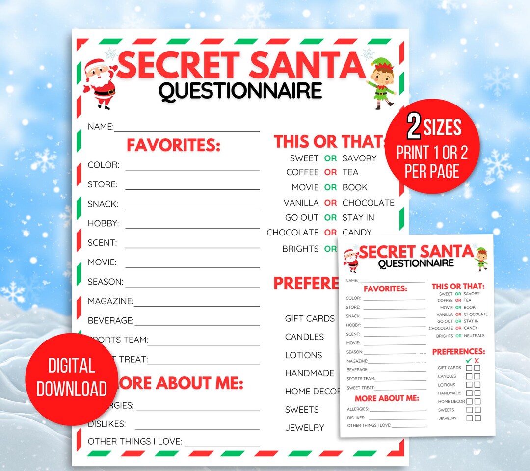 Secret Santa Questionnaire, Printable Secret Santa Questions, Gift