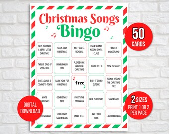 Christmas Songs Bingo, 50 Printable Christmas Songs Bingo Cards, Christmas Music Bingo, Christmas Bingo, Christmas Party Game, Holiday Bingo