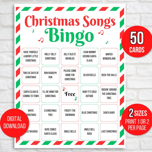 Christmas Songs Bingo, 50 Printable Christmas Songs Bingo Cards, Christmas Music Bingo, Christmas Bingo, Christmas Party Game, Holiday Bingo