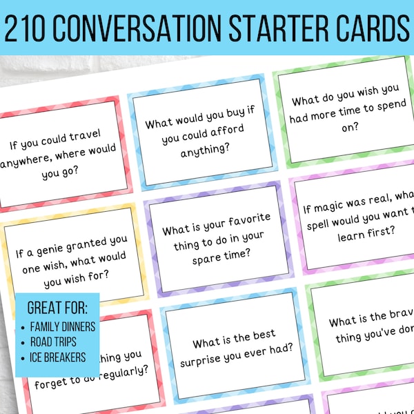 210 Conversation Cards, Conversation Starters, Road Trip Conversation Cards, Family Conversation Starter Cards, Icebreaker Game, Dinner Card