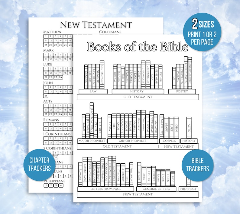May include: A printable chart of the books of the Bible, organized by testament and genre. The chart includes chapter trackers for each book. The chart is designed to be printed in two sizes, either one or two pages.