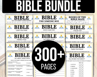 May include: A collection of Bible-themed games and activities. The image shows various game cards with titles like "Old Testament Word Search," "Candy Dice Game," and "All About Jesus Trivia." The bundle includes over 300 pages of content.