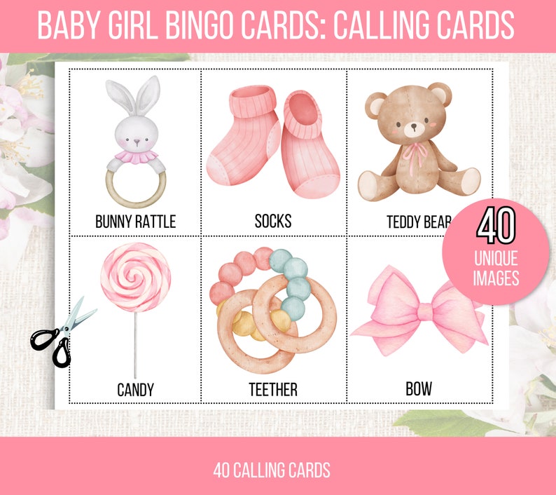 K&ouml;nnte beinhalten: Ein Satz mit 6 Bingo-Spielkarten f&uuml;r Baby M&auml;dchen mit Illustrationen von einem Hasenrassel, Socken, einem Teddyb&auml;r, S&uuml;&szlig;igkeiten, einem Bei&szlig;ring und einer Schleife. Die Karten sind wei&szlig; mit schwarzem Text und Teil eines Sets mit 40 einzigartigen Bildern.