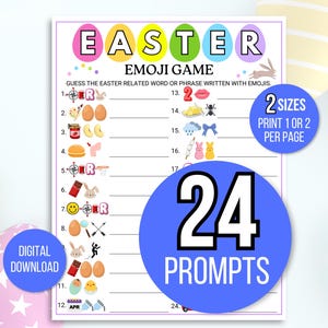 Könnte beinhalten: Ein druckbares Oster-Emoji-Spiel mit 24 Aufforderungen. Das Spiel fordert die Spieler auf, das mit Emojis geschriebene Osterwort oder den Osterausdruck zu erraten. Das Spiel ist in zwei Größen verfügbar, sodass Sie ein oder zwei Spiele pro Seite drucken können.
