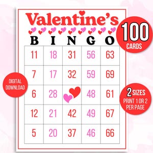 Valentine's Bingo, 100 Valentine's Day Bingo Cards, Valentine's Carte Bingo, Valentines Game, Valentine's Party, Valentine's Number Bingo