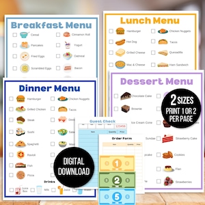 Menús de juego de simulación, menús de restaurante de simulación, menús de juego para niños, menús de juego de cocina, menú de restaurante para niños, menú falso para niños, menú falso, menú divertido