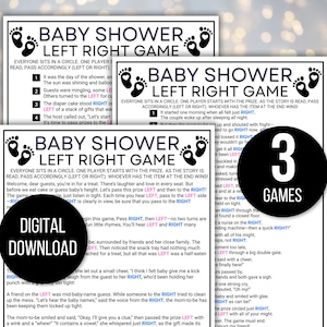 Pode incluir: Três jogos imprimíveis para chá de bebé com o texto "Baby Shower Left Right Game". Os jogos são downloads digitais e incluem instruções. Um círculo preto com "3 GAMES" está à direita.