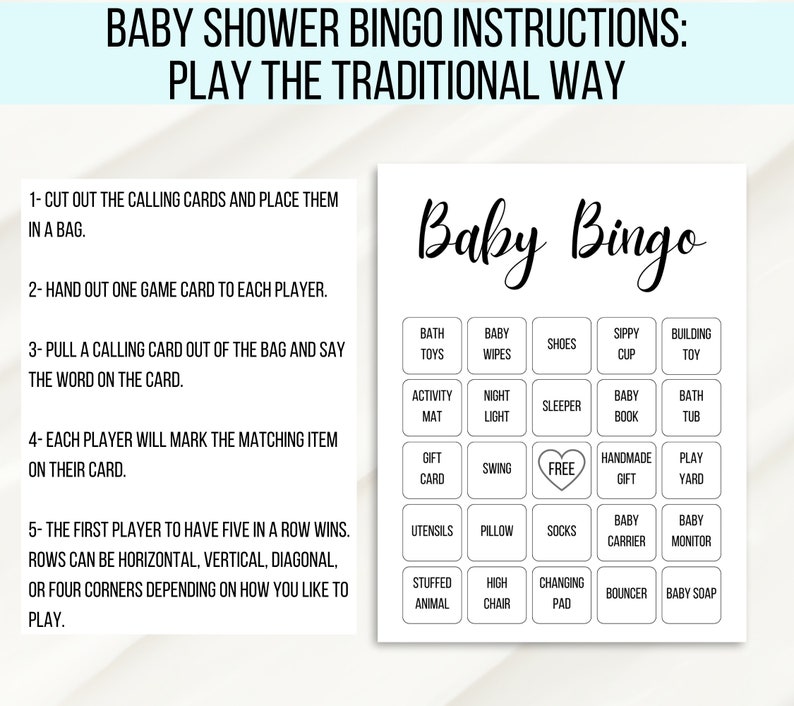 Pu&ograve; includere: Una scheda di bingo per baby shower stampabile in bianco e nero con istruzioni su come giocare. La scheda ha caselle con articoli per bambini come giocattoli da bagno, salviette per bambini, scarpe, biberon, giocattoli da costruzione, tappetino per attivit&agrave;, luce notturna, pigiama, libro per bambini, vasca da bagno, buono regalo, altalena, gratis, regalo fatto a mano, parco giochi, utensili, cuscino, calzini, marsupio, baby monitor, peluche, seggiolone, fasciatoio, dondolo e sapone per bambini.