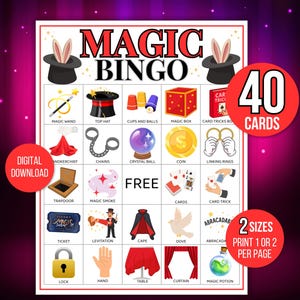 Op de afbeelding: Een Magic Bingo-spelkaart met illustraties van magische items zoals een toverstaf, hoge hoed en kristallen bol. De woorden "MAGIC BINGO" staan bovenaan, met "40 KAARTEN" en "2 MATEN" in rode cirkels.