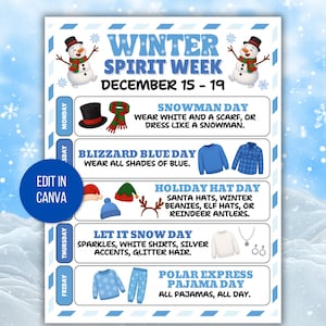 Puede incluir: Un cartel azul y blanco para la Semana del Espíritu de Invierno, del 15 al 19 de diciembre, con un muñeco de nieve. El cartel enumera los temas diarios: Día del Muñeco de Nieve, Día Azul Ventisca, Día del Sombrero Festivo, Día de la Nieve y Día de Pijama Polar Express.
