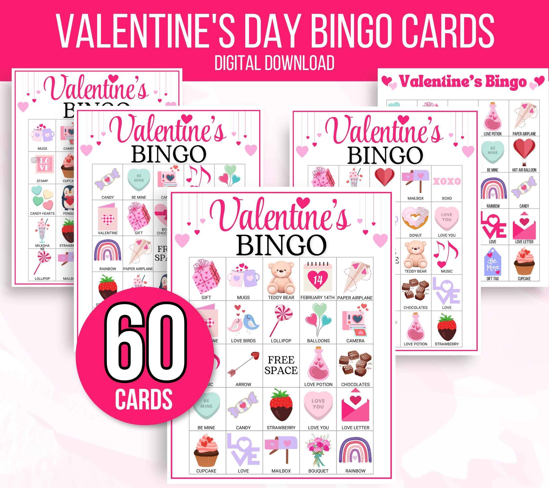 Valentine's Day Bingo, 60 Valentine's Day Bingo Cards for Kids ...