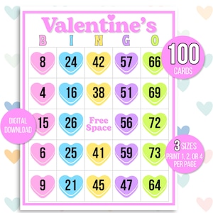 Valentinstag Bingo, 100 Valentinstag Bingo Karten, Valentinstag Aktivität, Kinder Valentinstag Party Spiel, Valentinstag Zahlen Bingo