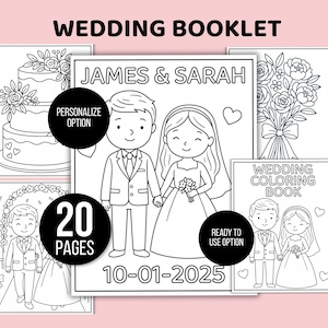 May include: Black and white wedding coloring book with illustrations of a wedding cake, bouquet, and a bride and groom. The text includes "Wedding Booklet", "James & Sarah", "20 Pages", and "10-01-2025".