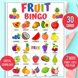 Fruitbingo, 30 afdrukbare fruitbingokaarten, fruitspel, fruitpartyspel, fruitwoordenschatspel, afdrukbaar fruit, voedselbingo, voedselspel