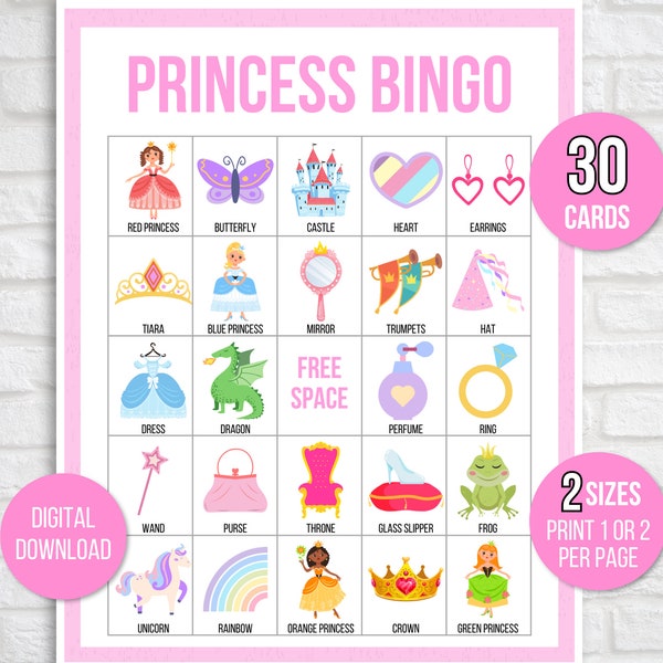 Princess Bingo, 30 Printable Princess Bingo Cards, Princess Birthday, Princess Party Game, Princess Birthday Party, Princess Printable