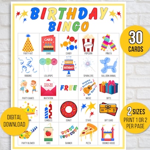 Bingo de cumpleaños, 30 tarjetas de bingo para fiestas de cumpleaños, juego de cumpleaños, juego de mesa de bingo de feliz cumpleaños, juego de fiesta de cumpleaños para niños, imprimible para fiestas