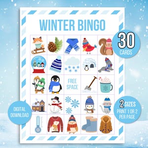 Bingo de invierno, 30 tarjetas de bingo de invierno, actividad de invierno para niños, juego de fiesta de invierno para niños, actividad de invierno para el aula, juego de invierno, maravilla invernal