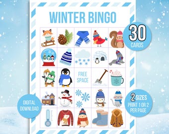 Winter Bingo, 30 Winter Bingo Cards, Winter Activity For Kids, Kids Winter Party Game, Winter Classroom Activity, Winter Game, Winter Wonder