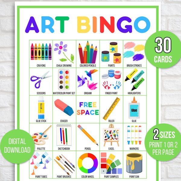 Art Bingo, 30 Printable Art Bingo Cards, Art Game, Art Party Game, Art Activity, Kid's Bingo Game, Art Party Activity, Little Artist