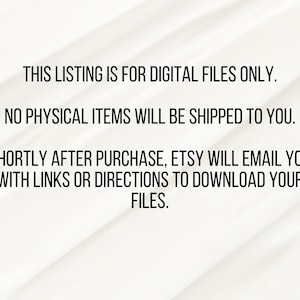 Pu&ograve; includere: Testo su uno sfondo bianco che recita: "Questo annuncio &egrave; solo per file digitali. Nessun articolo fisico verr&agrave; spedito. Poco dopo l'acquisto, Etsy ti invier&agrave; un'e-mail con link o istruzioni per scaricare i tuoi file."